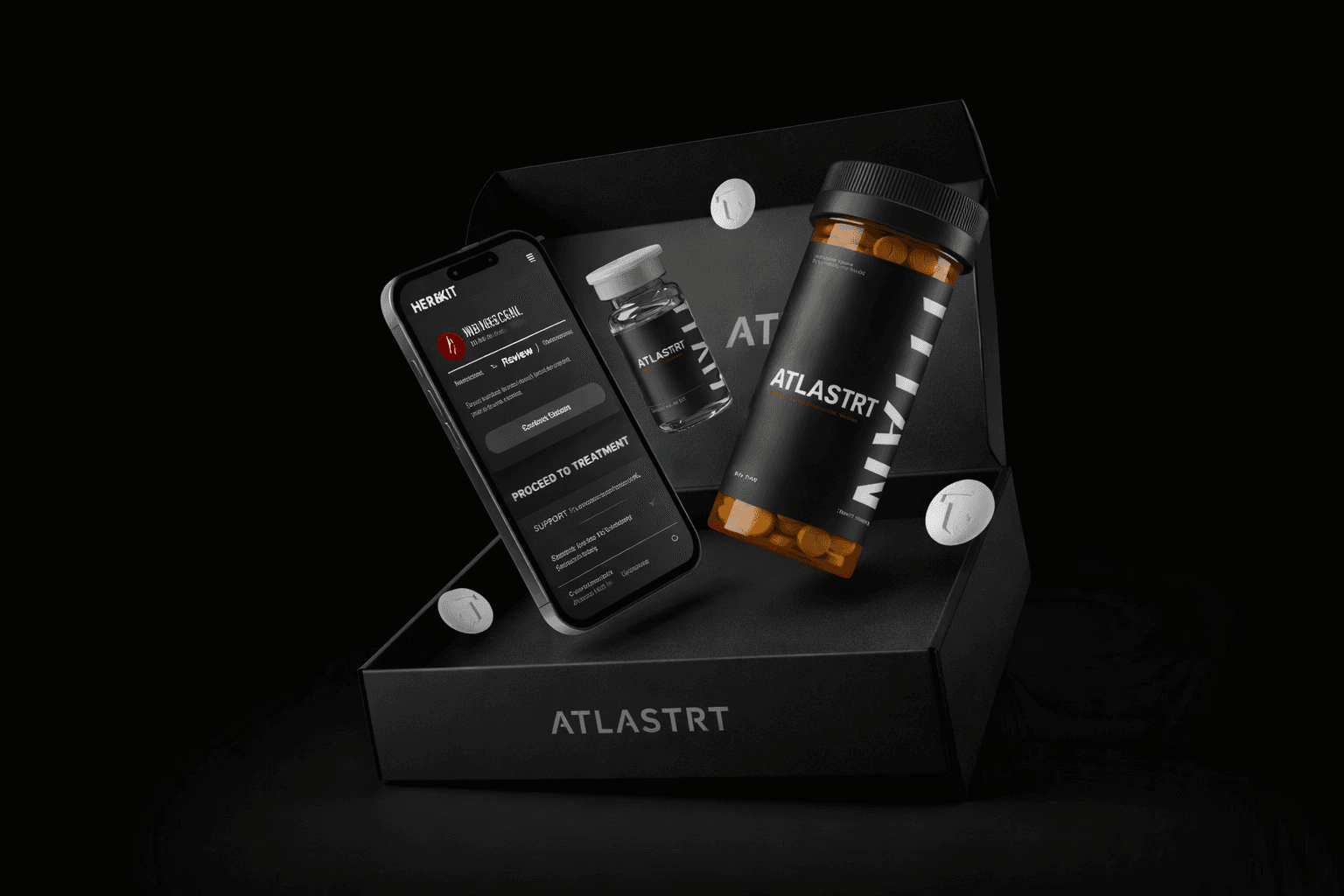 AtlasTRT kit: box, phone, vial, and supplement bottle