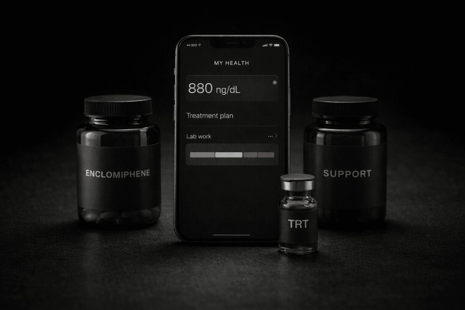 AtlasTRT app and treatment — phone showing plan, vials and bottles